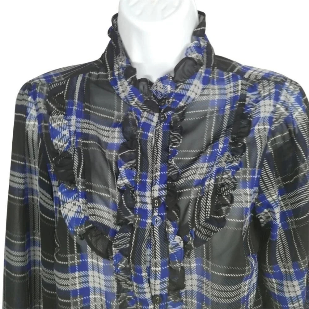Vero Moda Plaid Sheer Blouse Ruffles Size Small - Picture 3 of 8